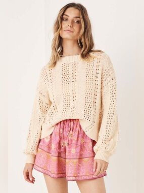 SPELL Road to Paradise Knit Jumper in Wheat Open Knit Pullover Sweater Boxy Fit